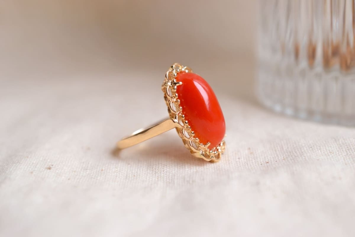 Bague cabochon Corail oval - bague Vintage