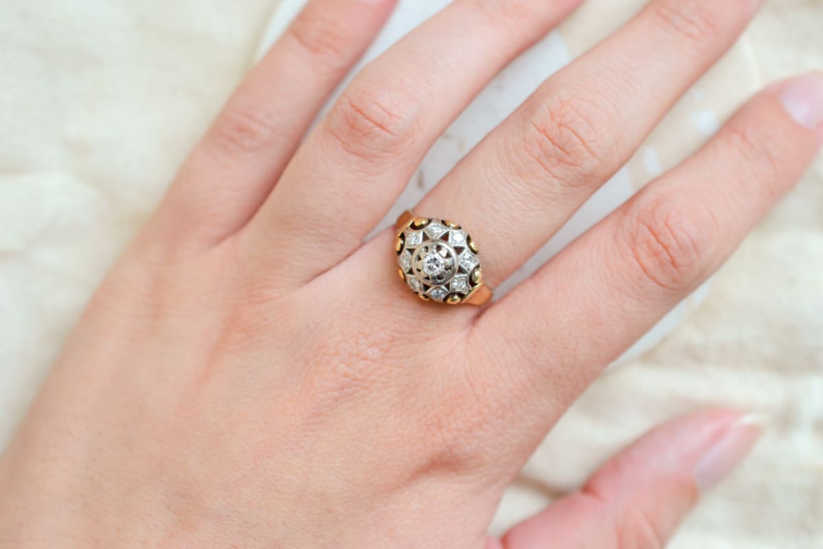 Bague de fiançailles ancienne en Or 14 carats sertie de Diamants