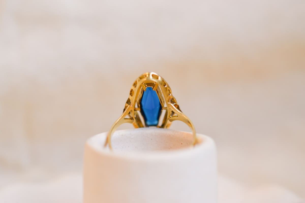 Bague Navette Art Déco 2 Ors pierres bleue et blanches