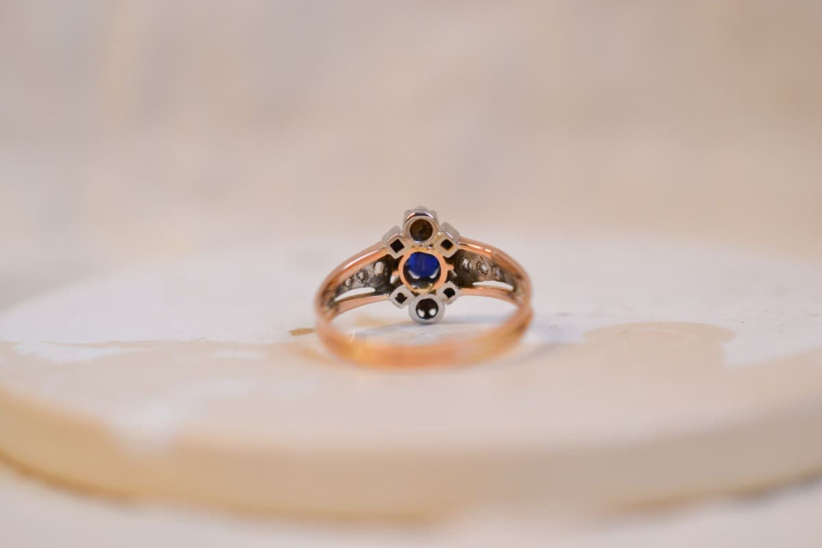 Bague Vintage 2 Ors Art Déco Saphir et Diamants
