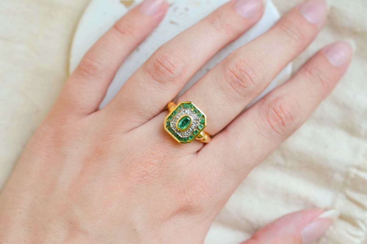 Bague de fiançailles Vintage en Or jaune 18 carats sertie d'Émeraudes et de Diamants