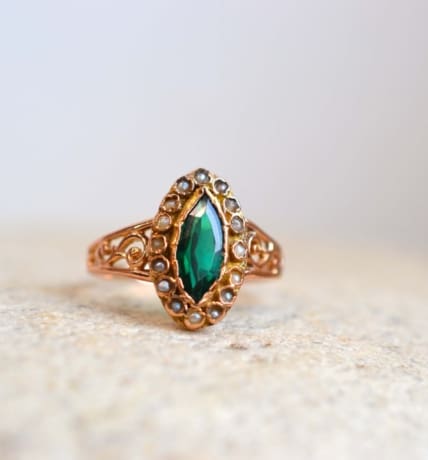 bague navette perles et pierre verte