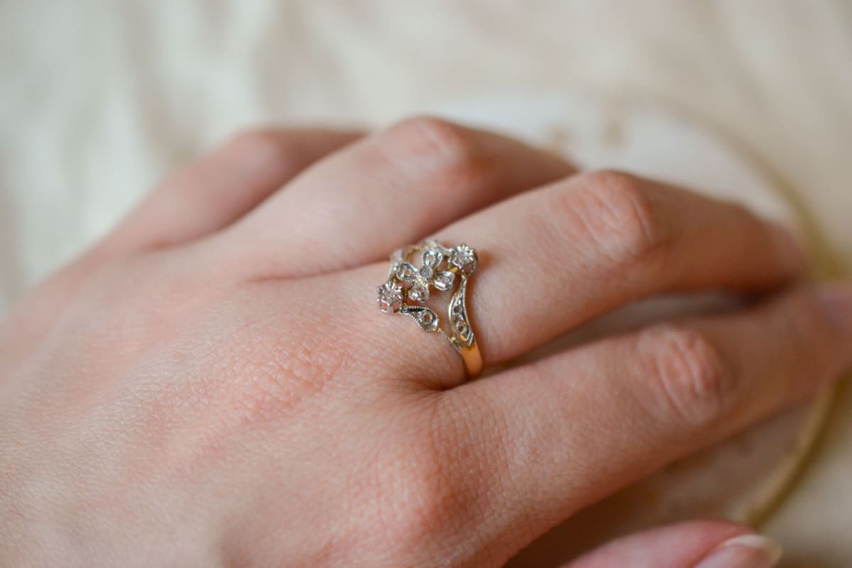 Bague de fiançailles Vintage en Or jaune et blanc 18 carats ornée de Diamants