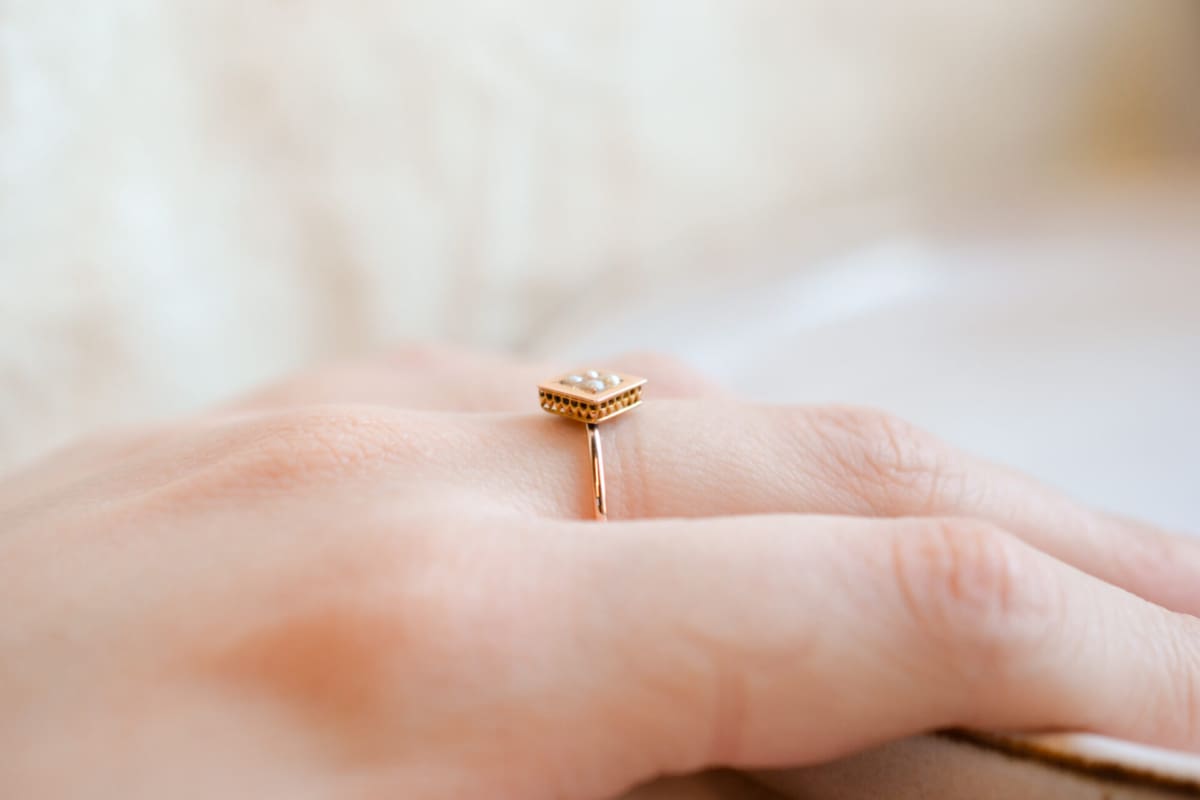 Bague de fiançailles Vintage en Or rose 18 carats ornée de Perles