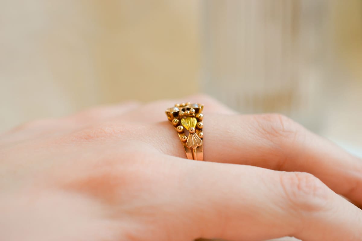 Bague de fiançailles Vintage en Or rose 18 carats sertie de Perles