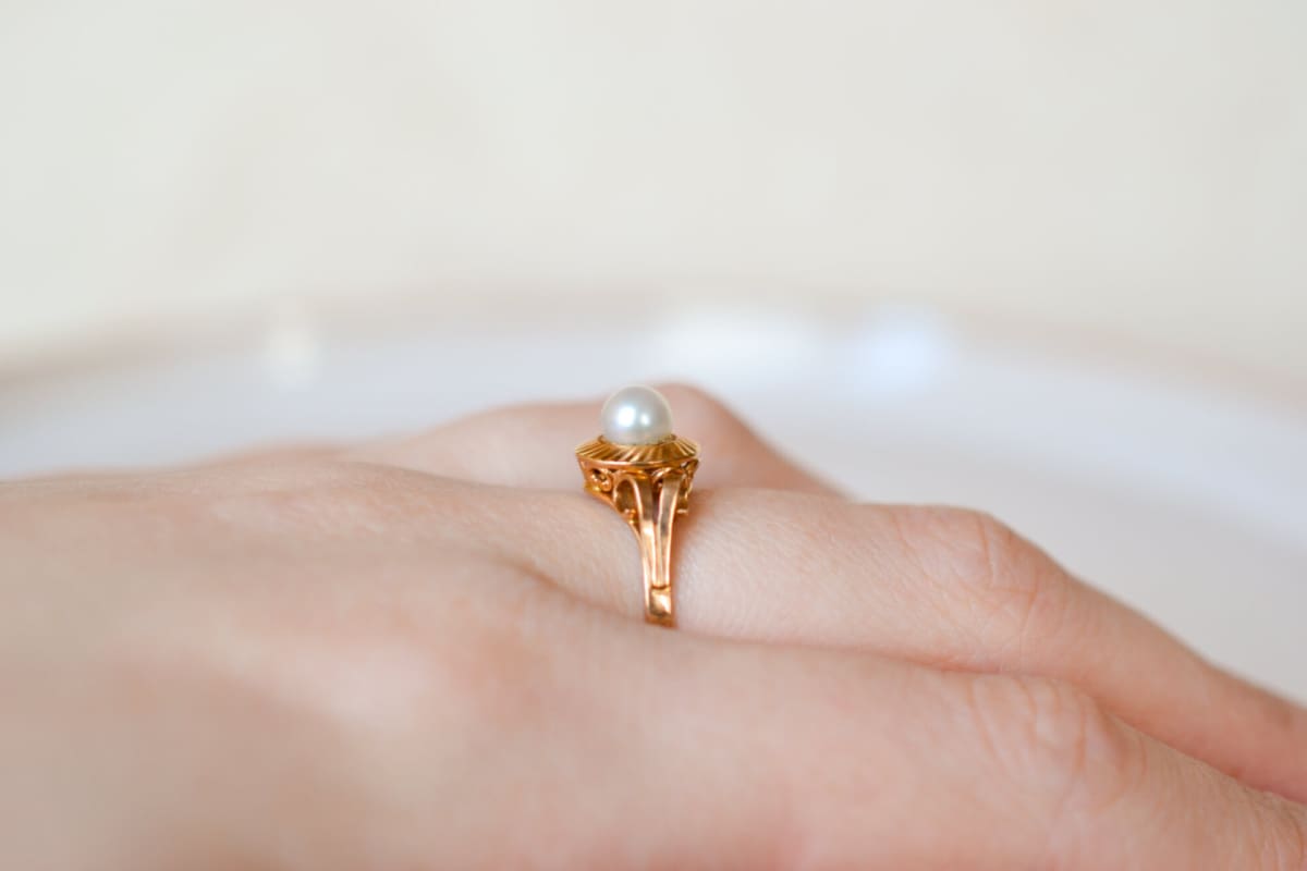 Bague de fiançailles Vintage en Or jaune 18 carats sertie d'une Perle