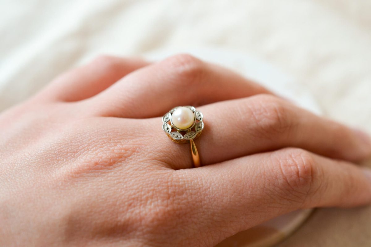 Bague de fiançailles Vintage en Or jaune 18 carats ornée d'une Perle