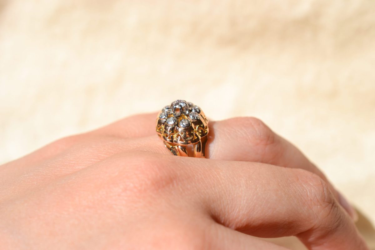 Bague de fiançailles Vintage en Or jaune 16 carats sertie de Diamants
