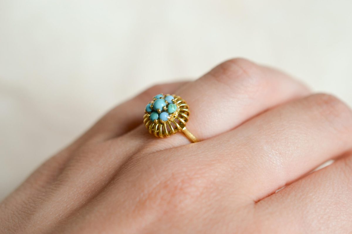 Bague de fiançailles Vintage en Or jaune 18 carats ornée de Turquoises