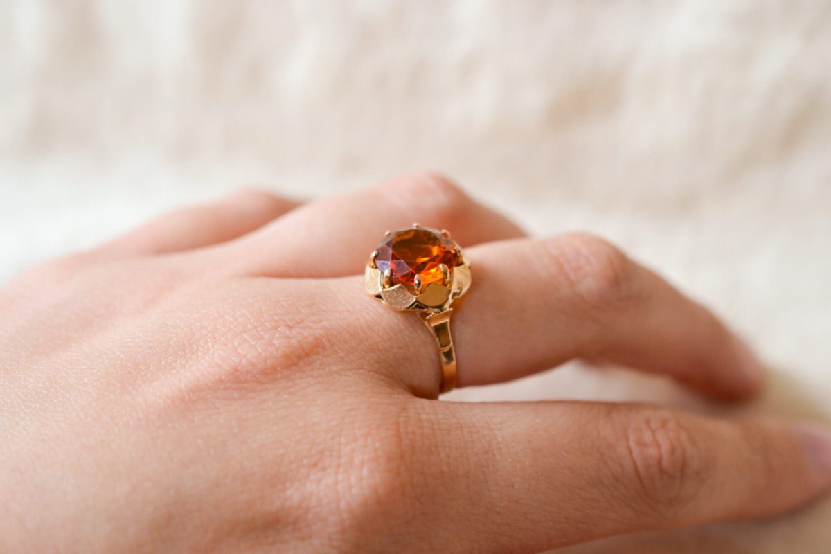 Bague de fiançailles Vintage en Or jaune 18 carats sertie d'un Saphir orange