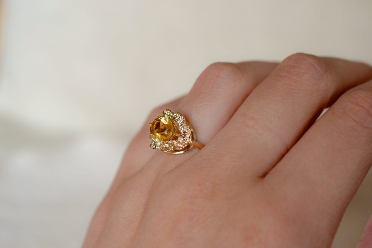Bague de fiançailles Vintage en Or jaune 9 carats sertie d'une Citrine