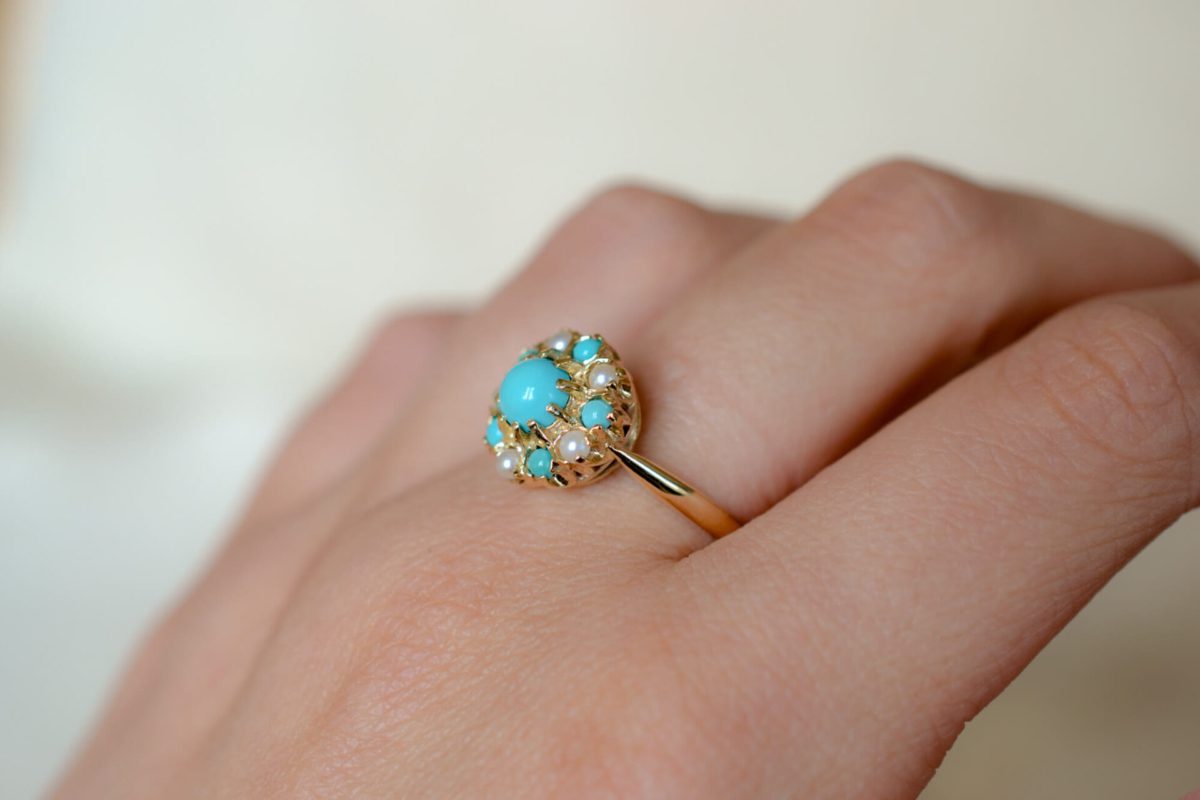 Bague de fiançailles Vintage en Or jaune 9 carats sertie de Turquoises et de Perles