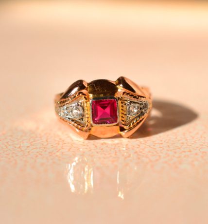 Bague Art Déco style tank Rubis de synthèse