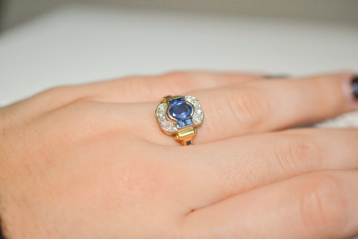 Bague Art Déco Octogonale Saphirs Diamants